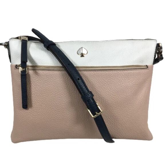 Kate Spade Polly Medium Crossbody Bag Pebbled Leather Blush White Navy Strap - Picture 2 of 11